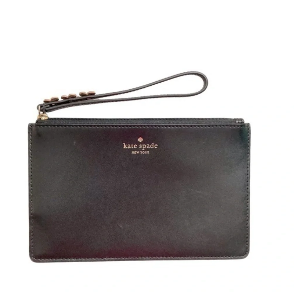 Kate spade black leather wristlet bag with pink flowers